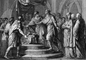 Clotaire II (584-628), présidant le premier "Champ de mars", ou Placita (Plaids), un parlement ambulant, après la réunification des quatre royaumes de France en 613. Gravure du XVIIIe siècle. - French School