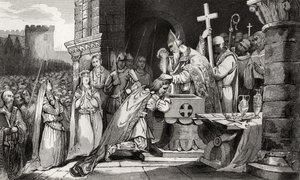 Clovis I (465-511) baptisé avec des hommes de son armée avant la bataille de Tolbiac, de 