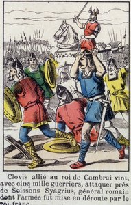 Clovis, allié au roi de Cambrai, vint, avec 5000 guerriers, attaquer près de Soissons Syagrius, le général romain, dont l
