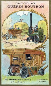 Carte de collection de Chocolat Guerin-Boutron représentant une machine à battre à vapeur