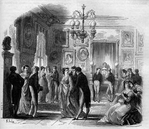 Comédie-Française : vue du foyer des artistes avec les comédiens François-Joseph (François Joseph) Talma (1763-1826) et Anne Boutet, dite Mademoiselle Mars (1779 - 1847), comédienne française. Gravure de 1867-1868.
