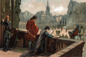 Constance à côté de son mari Robert II le Pieux, roi de France (996-1031), regarde le tourment des hérétiques condamnés sur la Place de Grève à Paris (aujourd
