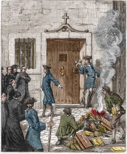Condamnation de la Société des Jésuites suite à la décision du Parlement de Paris du 6 août 1762. La cour ordonne que plus de 24 livres et ouvrages des Jésuites soient brûlés par le bourreau. Gravure du XIXe siècle - French School