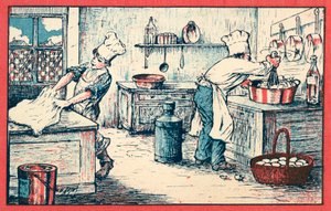 Cuisiniers travaillant dans une cuisine - French School