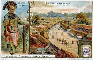 Corée : rue de Séoul et costume féminin - chromo Liébig, v.1900 - French School