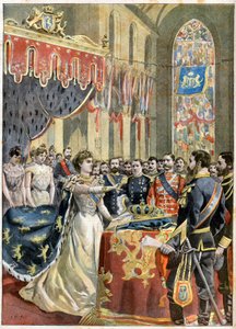 Couronnement de la reine Wilhelmine des Pays-Bas. Couronnement de la reine Wilhelmine de Hollande (1880-1962) dans la Nieuwe Kerk à Amsterdam - Illustration pour Le Petit Journal. - French School