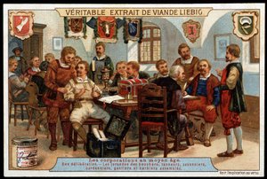 Corporations au Moyen Âge: une délibération des jurés de bouchers, tanneurs, savonniers, cordonniers, gantiers et barbiers assemblés - vignette publicitaire Liebig, fin 19e siècle