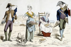 Costumes de Paris à travers les siècles. Illustration des vêtements du XVIIIe siècle : marchand de parapluies, fleurs, matelas en carton et marchand de soufflets. - French School