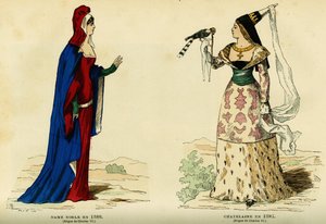 Costumes de dame noble en 1386 et de châtelaine en 1395 (règne de Charles VII 1403-1461). Gravure en couleur, dans « France et les Français à travers les siècles » par Augustin Challamel, éditeur F.Roy, Paris 1882. Collection Selva. - French School