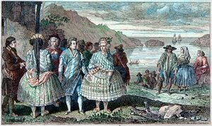 Costumes des habitants de La Conception (Chili) - Atlas du Voyage de La Pérouse autour du monde pendant les années 1785-1788, Paris 1797.