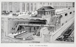 Coupe de la station de métro St Michel à Paris dans "La nature" 1899 - French School