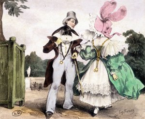 Couple marchant, dessin par Guy Forest, vers 1829 - French School