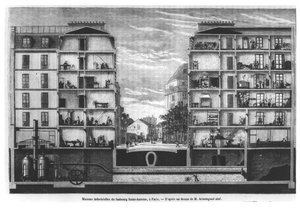 Coupe transversale de maisons industrielles au Faubourg Saint-Antoine à Paris, illustration de Le Magasin Pittoresque, 1885