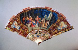 Éventail endommagé de style Vernis Martin représentant le Mariage de la Noblesse, cuir de cygne avec garde en ivoire peint, hauteur 20,5 cm - French School