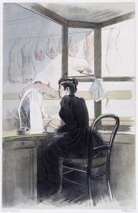 Dame de caisse (chez le boucher) - dans "La femme à Paris" par Pierre Vidal - French School