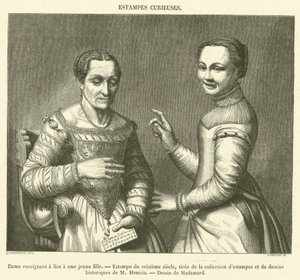 Dame enseignant à lire à une jeune fille, Estampe du seizième siècle - French School