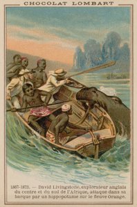 Le bateau de David Livingstone attaqué par un hippopotame sur le fleuve Orange, Afrique, 1867-1873 - French School