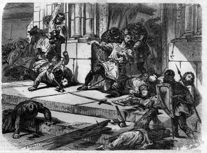 Le diacre Jean fait abattre les portes du palais du Latran. Gravure dans « Histoire des Papes-Rois-Reines et Empereurs à travers les siècles » par Maurice Lachatre - French School