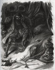 Mort de Françoise de Foix, Comtesse de Châteaubriant (ca. 1495-1537), assassinée par son mari Jean de Laval Comte de Châteaubriant (Laval-Châteaubriant) (1486-1543), qui se vengea ainsi des infidélités de sa femme. Gravure de 1871 dans « Histoire Des