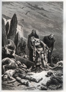 Mort du roi Harold II (1022-1066) à la bataille de Hastings en 1066 - Edith Swannesha (Swanneck), dite Edith la Juste (1025-1086) découvre le corps de son mari - French School