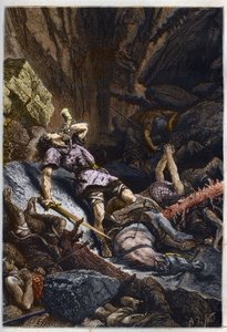Mort du chevalier Roland, neveu de Charlemagne, à la bataille de Roncevaux (778) opposant l