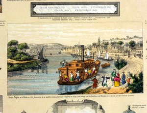 Denis Papin (1647-1712) regardant son bateau à aubes détruit par les bateliers de Muenden en 1707 - French School