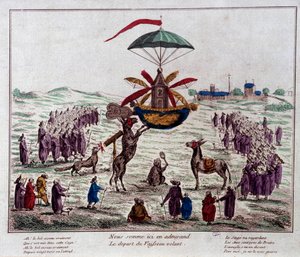 Départ de la satire du navire volant sur la machine volante imaginée par Jean-Pierre Blanchard (1753-1809) : des ânes, des singes et des aveugles regardent l