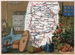Département de Seine-et-Marne, Île-de-France, France. Spécialité locale : chocolaterie Menier à Noisiel-sur-Marne, verrerie, meule. Série sur les départements français. Chromolithographie. - French School