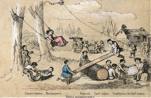 Description des loisirs et jeux des enfants : jeux en plein air, bâton court, balançoire, bascule (tapotement des fesses) et fabrication d
