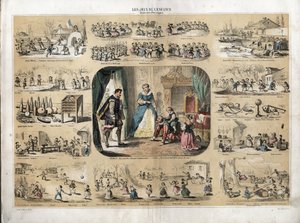 Les loisirs et jeux des enfants : au centre le roi Henri IV jouant avec ses enfants (probablement Louis XIII et Élisabeth de France) devant l