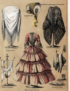 Description de la culture et des produits de la soie : une lime en crêpe de chine, un manteau en velours avec dentelle, des manches en soie et une robe de fantaisie. Planche "La soie" dans "Les Récréations instructives" peinture synoptique de Jules Delbruc - French School