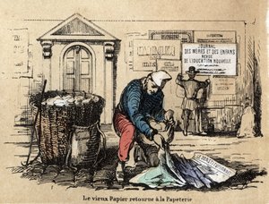 Description des divers produits et usages du papier : le vieux papier est ramassé pour redevenir chiffon. Planche "Le papier et ses produits" dans "Les Récréations instructives" par Jules Delbruck - French School