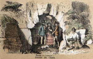 Description des différents types de paysages et reliefs selon la géographie : détail représentant des visiteurs dans la grotte du chien. Planche "Géographie physique" dans "Les Récréations instructives" par Jules Delbruck