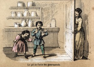 Description des cinq sens : détail du goût, deux enfants gourmands piégés par leur mère qui cache un pot au goût amer parmi les autres pots de sucre. Planche "Les cinq sens" dans "Les Récréations instructives" par Jules Delbruck - French School