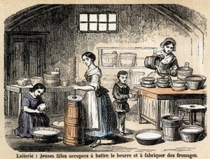 Description des divers métiers et produits du mouton : jeunes laitières fabriquant du beurre et des fromages dans une laiterie. Planche "Les moutons" dans "Les Récréations instructives" par Jules Delbruck - French School