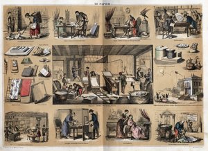 Description des différents produits et usages du papier : au centre des activités dans une papeterie, fabrication de papier à partir de chiffons, pâte, formes et presse. Divers usages, papier à dessin, Buffon écrivant son Histoire naturelle, lecture de jo - French School