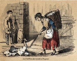 Description des divers produits et usages du papier : la collecte de vieux chiffons pour fabriquer du papier. Planche "Le papier et ses produits" dans "Les Récréations instructives" par Jules Delbruck - French School