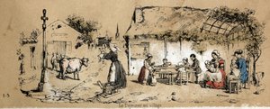 Description des différents produits et usages de la vache : scène de la vie quotidienne dans un village. Planche "La vache et ses produits" dans "Les Récréations instructives" peinture synoptique de Jules Delbruck, gravure de 1860. Collection privée. - French School