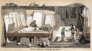 Description des différentes étapes de fabrication et usages du verre : un atelier de dorure, polissage et estampage du verre. Planche "Le verre et ses produits" dans "Les Récréations instructives" peinture synoptique de Jules Delbruck, gravure de 1860. Col - French School