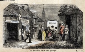 Description des diverses étapes de fabrication et usages du verre : les merveilles de la place publique, un illusionniste invitant les enfants à découvrir la magie des effets optiques. Planche "Le verre et ses produits" dans "Les récréations instructive