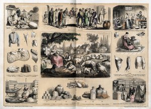 Description des divers usages et produits des moutons : tonte des moutons, agneau pascal servi comme plat traditionnel à Pâques, jeunes laitières fabriquant du beurre et des fromages ; produits en tapisserie et laine, tasses, pantoufles, bas en laine, vend - French School