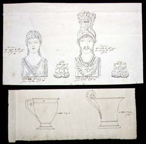 Dessins pour montures de meubles en bronze doré et tasses en porcelaine Empire français, vers 1820