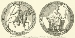 Dessin du sceau du roi Jean, appose par fut aux preliminaires de paix presentes par les barons (engraving) - French School