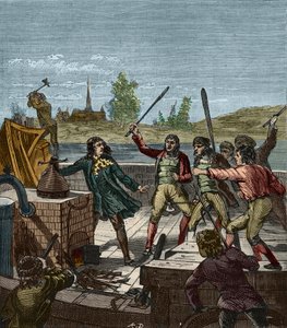 Destruction du bateau à vapeur de Papin - Denis Papin (1647-1712) regardant son bateau à aubes détruit par les bateliers de Münden en 1707 - Les Bateliers de Münden détruisent le bateau à vapeur de Denis Papin (1647-1712) - Gravure dans « Sciences à la por - French School