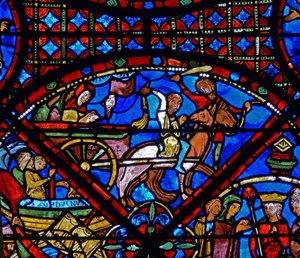 (détail) scènes de la vie de Saint Étienne : cheval et charrette - French School