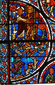 (détail) la parabole du Bon Samaritain : Dieu chasse Adam et Ève du Jardin d