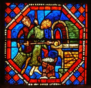Détail du vitrail de Saint Jean : boulangers au travail - French School