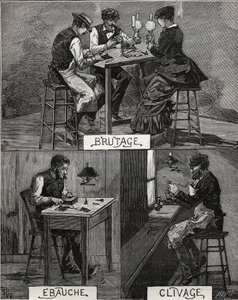 Taille de diamants, son, brut et clivage. Gravure de 1885 dans « Les arts et métiers illustrés » par Adolphe Bitard. - French School