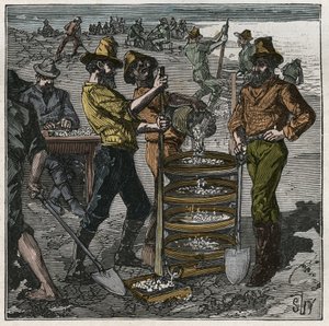 Lavage de diamants en Afrique du Sud au XIXe siècle. Gravure de 1885 dans « Les arts et métiers illustrés » par Adolphe Bitard. - French School