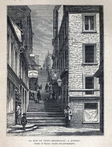 Découverte du Canada : rue du Petit-Champlain à Québec. Dessin de Taylor d